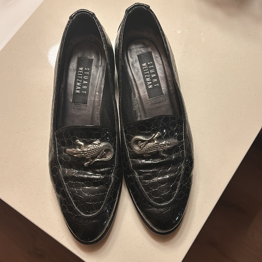 Stuart Weitzman Black Loafers with Silver Dragon Detail